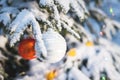 Close-up of a Christmas toy on a snow-covered lively tree in the winter forest on the background of lights Royalty Free Stock Photo