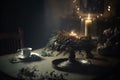 Close up christmas tree branch, white cup, candle, pine, fruit at night. Dark mood aesthetic. Generative AI