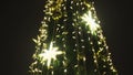 Close up of Christmas tree decorated by golden garlands and stars outdoors at nights. Concept. New year spruce tree Royalty Free Stock Photo