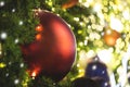 Close up of Christmas tree decorated with red ball with boken ba Royalty Free Stock Photo