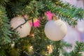 Close up of christmas tree decorated with white balls led garland. New year background Royalty Free Stock Photo