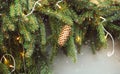 Close up of Christmas tree with lights and decorations, winter festive background