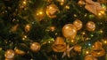 Close up a Christmas tree lights glittering at night. New Year fir tree with decorations and illumination. Xmas tree
