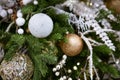 close-up of christmas tree with toys as background Royalty Free Stock Photo