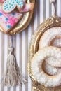 Close up of Christmas or winter theme cookies, served on vintage golden picture frame or trail Royalty Free Stock Photo