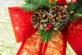 Close up of Crhistmas wrath with pine cones and red burlap ribbon