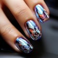 Close-up of chrome nails with geometric patterns reflecting light. AI generation