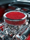 Close-up of a chrome-plated air filter on a modified car engine with red elements Royalty Free Stock Photo