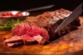 close-up of churrasco being sliced with a long knife