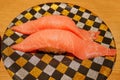 Close up of chutoro tuna sushi nigiri on plate in sushi belt japan Royalty Free Stock Photo