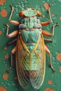 A close up of a cicada with orange and green colors, AI Royalty Free Stock Photo