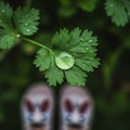 Close-up of a cilantro leaf (Coriandrum sativum) with droplets of water on its vibrant Royalty Free Stock Photo
