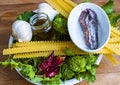 Close up cime di rapa with tripoline, garlic, chilli pepper, salted anchovies and extra vergine olive oil Royalty Free Stock Photo