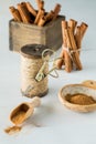 Cinnamon powder in a small bowl and scoop with cinnamon sticks bundled in behind Royalty Free Stock Photo