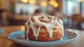 Close-up of a cinnamon roll with icing on a blue plate Royalty Free Stock Photo