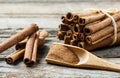 Close up cinnamon sticks and cinnamon powder in wooden spoon  on wooden table background Royalty Free Stock Photo