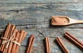 Close up cinnamon sticks and cinnamon powder in wooden spoon on wooden table background Royalty Free Stock Photo