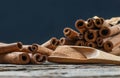 Close up cinnamon sticks and cinnamon powder in wooden spoon  on wooden table background Royalty Free Stock Photo