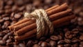 CloseÃ¢â¬\'up of cinnamon sticks on scattered coffee beans Royalty Free Stock Photo