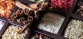 Close up of cinnamon sticks in a wooden compartment box with other whole spices in soft focus. Royalty Free Stock Photo