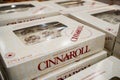 Close up of Cinnaroll frosted cinnamon roll boxes on store shelf. Royalty Free Stock Photo