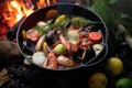 close-up of cioppino ingredients by the campfire