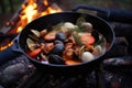 close-up of cioppino ingredients by the campfire