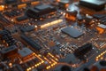 Close up of circuit board assembly robotic arms soldering microchips in a high tech factory setting