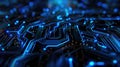 Close up of a circuit board with blue lights. Perfect for technology and innovation concepts Royalty Free Stock Photo