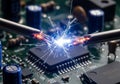 Close-up of a circuit board with a central integrated circuit chip surrounded by capacitors and Royalty Free Stock Photo