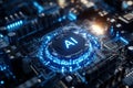 close up of circuit board featuring AI chip illuminated with blue lights, showcasing advanced technology and innovation. intricate