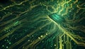 A close-up of a circuit board with glowing green lines and a central processor, representing the power and complexity of