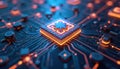 Close-up circuit board with glowing processor chip and orange light trails. Digital microchip, complex wiring, and electronic Royalty Free Stock Photo