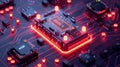 A close-up of a circuit board with glowing red lights, representing the power and complexity of technology