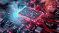 Close-Up of a Circuit Board With Illuminated Microchip in Dark Environment