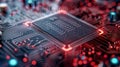 Close-Up of a Circuit Board With Illuminated Microchip in Dark Environment