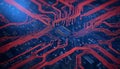 Close-up of a circuit board with intricate red lines and a central processor, highlighting the complexity of technology