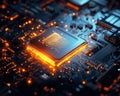 Close-Up of a Circuit Board with Processor and Abstract Orange Light Trails Showcasing Technology Royalty Free Stock Photo