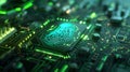 Circuit Board with Green Fingerprint Pattern and Glowing Circuitry