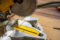 Close up of circular saw bench and sharp rotary blade. Wood work equipment and machinery. Royalty Free Stock Photo