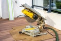 Close up of circular saw bench and sharp rotary blade. Wood work equipment and machinery. Royalty Free Stock Photo