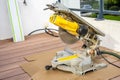 Close up of circular saw bench and sharp rotary blade. Wood work equipment and machinery. Royalty Free Stock Photo