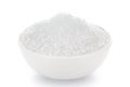 Close-up citrus crystal Citric acid anhydrous in white ceramic bowl on white background