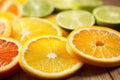 close-up of citrus fruit slices laying on the table