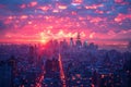 Close-up on city skyline at sunset, focus on silhouettes of buildings against a vibrant sky.. AI generated. Royalty Free Stock Photo