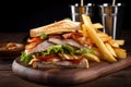 Close-up of a Classic Club Sandwich with Grilled Chicken, Ham, Bacon, Lettuce, and Tomato, Served with Pickle Royalty Free Stock Photo