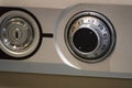 Close up of classic combination lock dial on safe box. Royalty Free Stock Photo