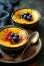 Close-up a classic creme brulee is showcased, adorned with a small assortment of berries for added color and flavor