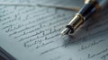 Close-up of a classic fountain pen on handwritten script on paper Royalty Free Stock Photo