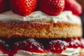 Close up of classic victoria sponge cake with cream and strawberry filling